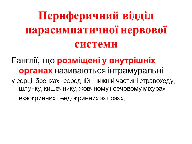 Периферичний відділ парасимпатичної нервової системи  Ганглії, що розміщені у внутрішніх органах називаються інтрамуральні